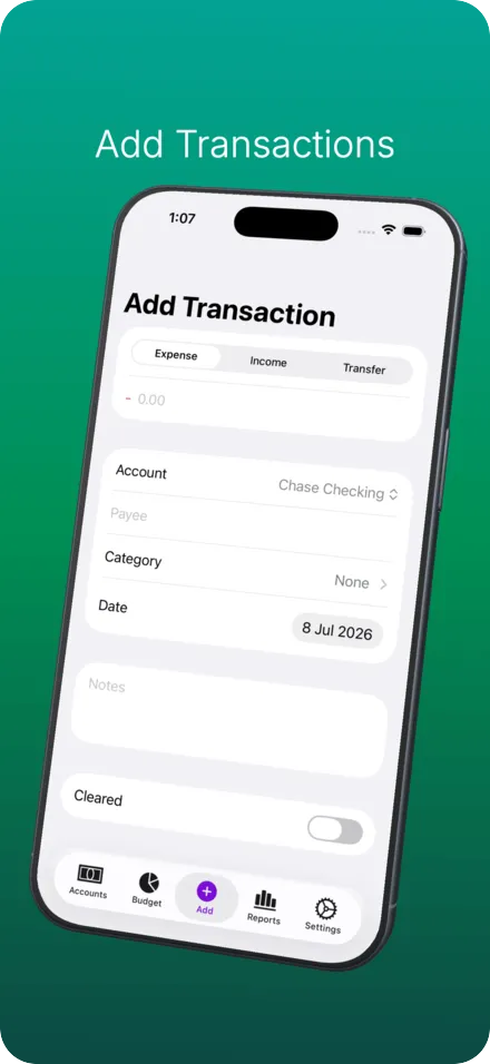Add Transaction screen with type, amount, account and category