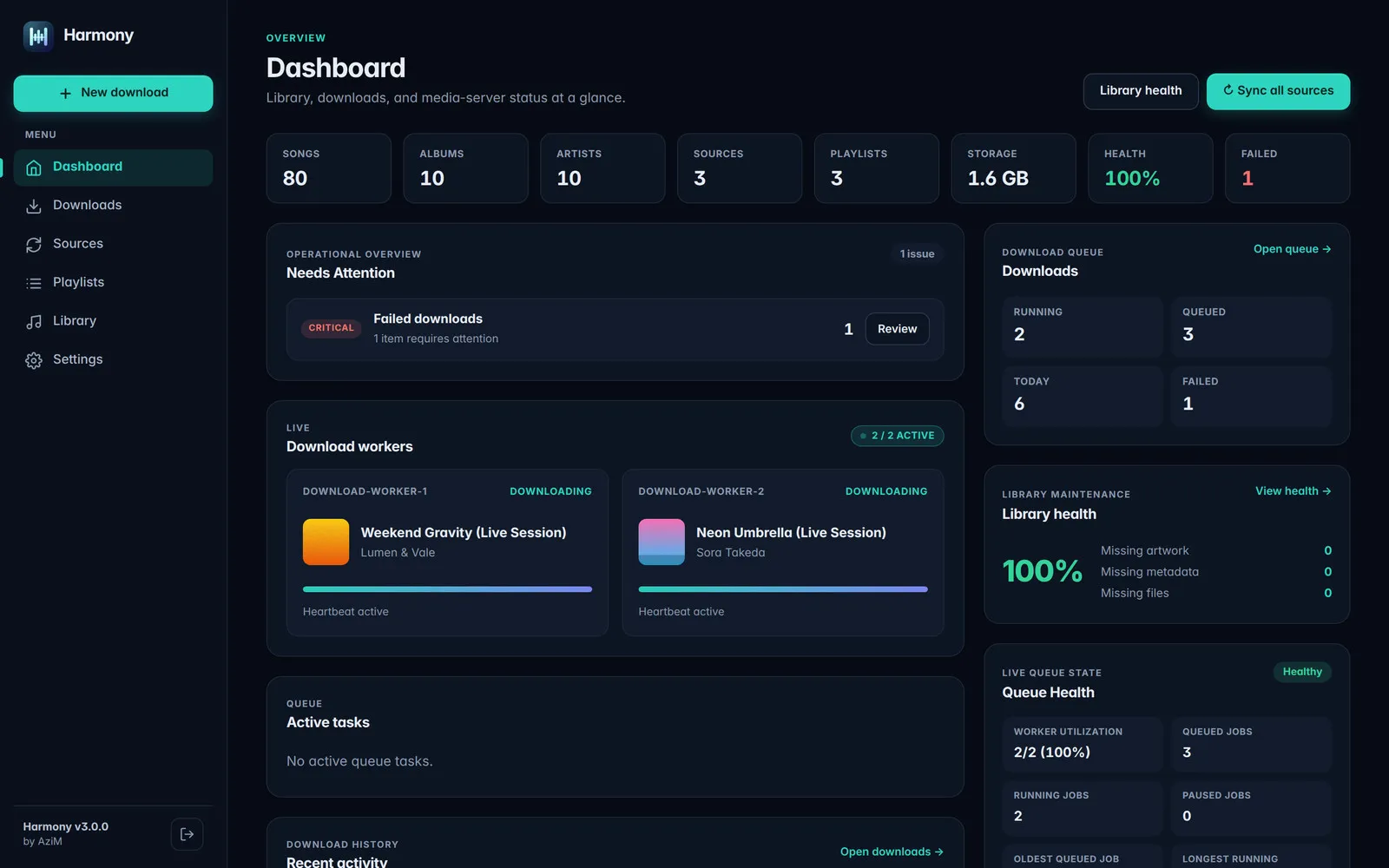 Dashboard with library totals, attention items, live download workers and queue health
