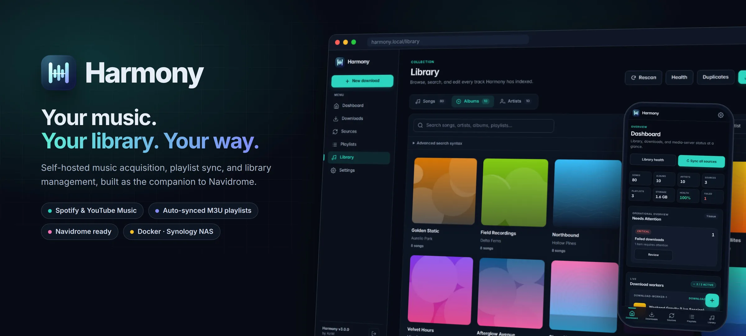 Harmony library and dashboard screens on desktop and mobile