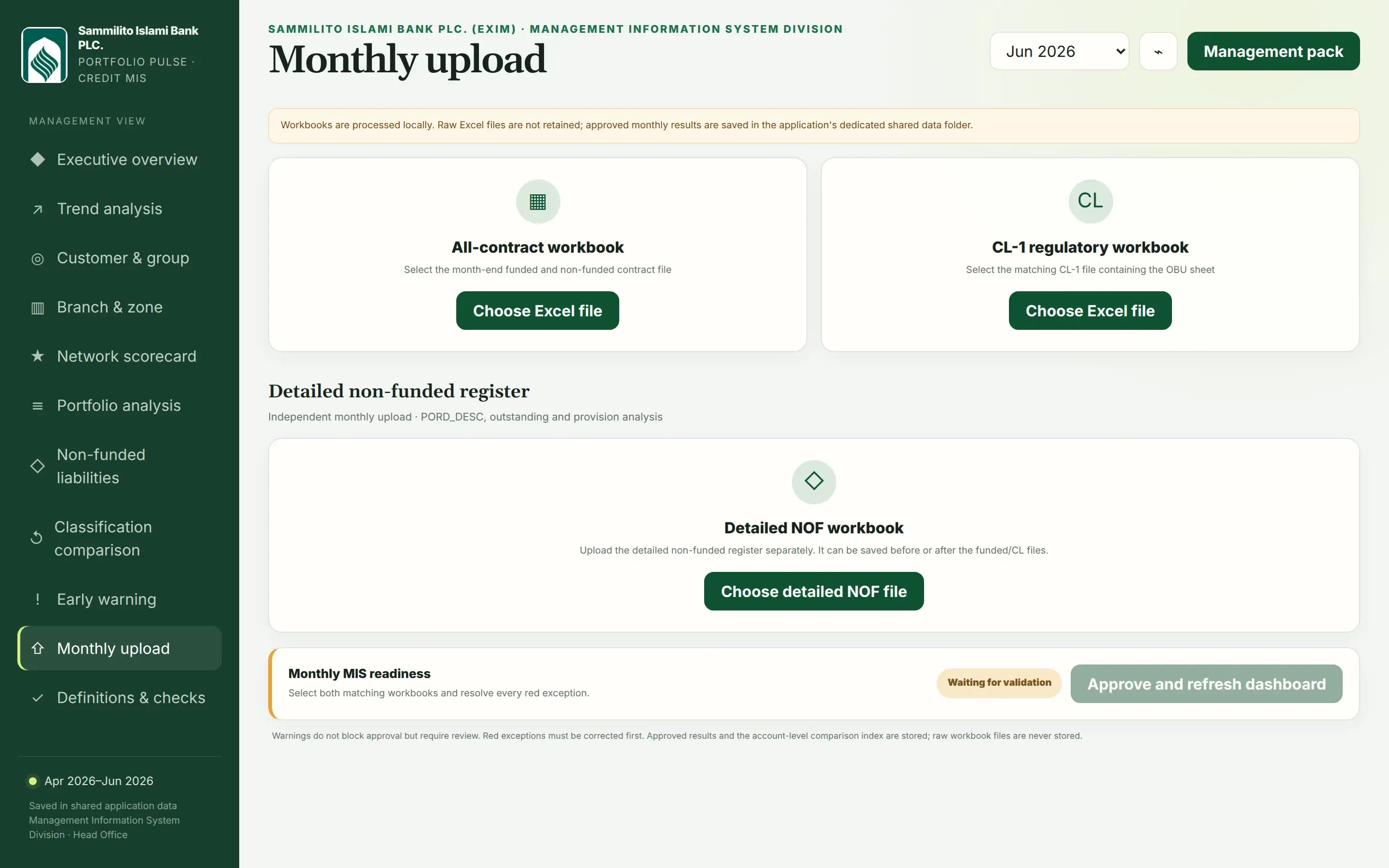 Monthly upload workflow with validation and approval