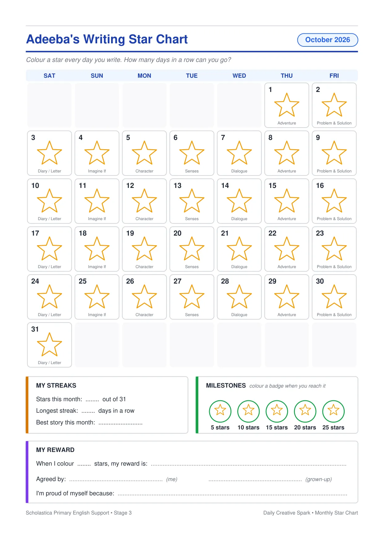 Monthly writing star chart with a calendar of stars to colour, streaks, milestones and a reward box